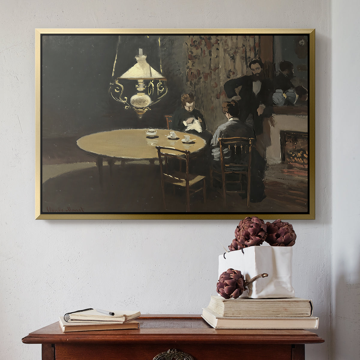 Gold floater framed canvas featuring Interior, after Dinner, 1868-1869 by Claude Monet above an entryway table in a minimalist foyer.