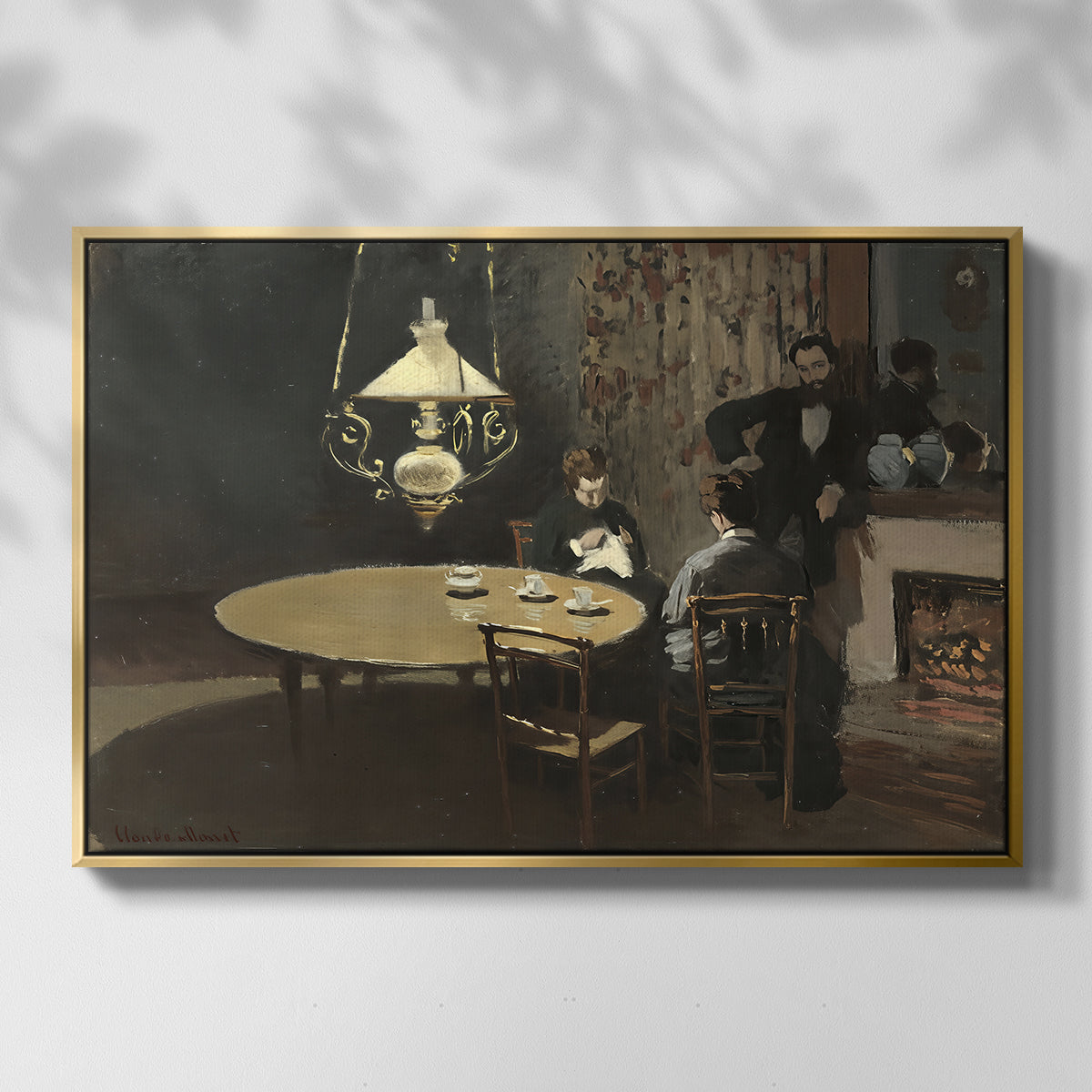 Front view of Interior, after Dinner, 1868-1869 by Claude Monet in a gold floater framed canvas.