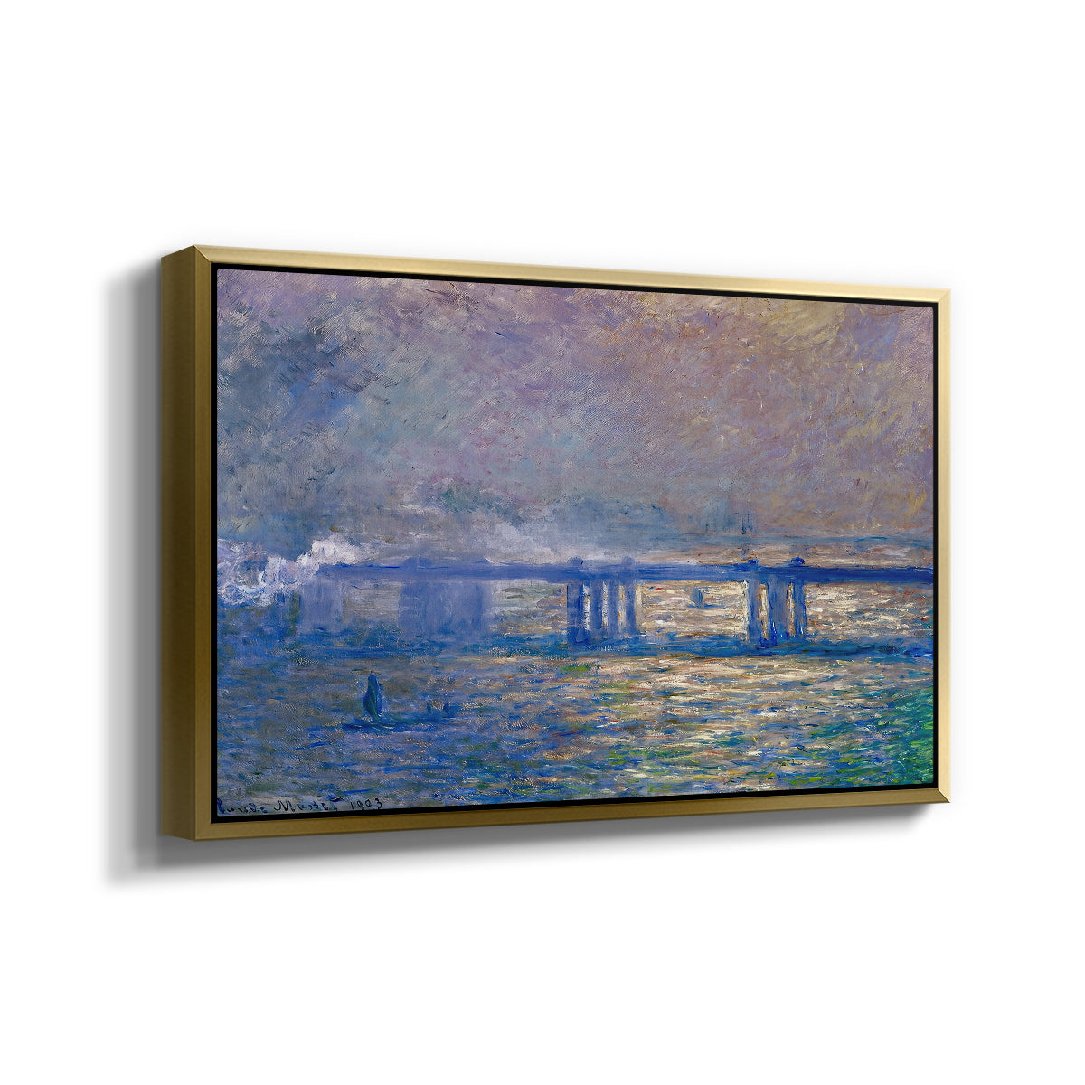 Angled view of Charing Cross Bridge, 1903 by Claude Monet in a gold floater framed canvas.