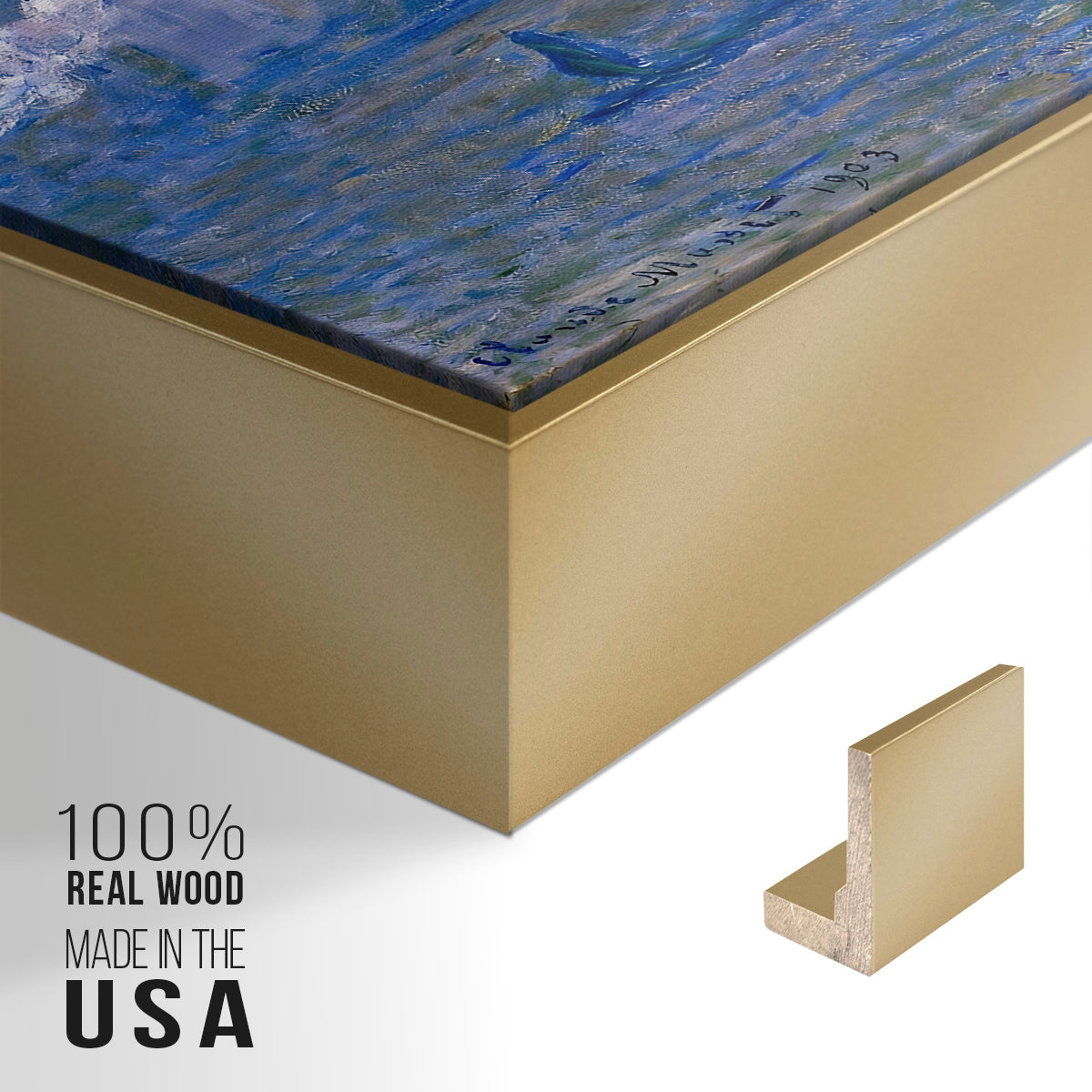 Close-up of the gold floater frame corner and gallery wrapped canvas construction.