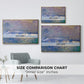 Size comparison chart for gold floater framed canvas featuring Charing Cross Bridge, 1903 by Claude Monet.
