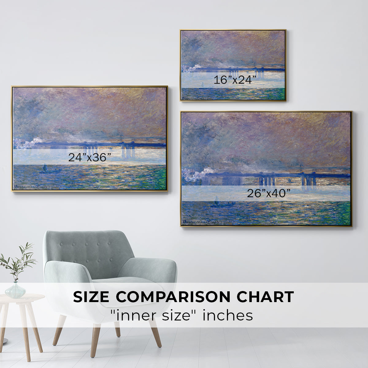 Size comparison chart for gold floater framed canvas featuring Charing Cross Bridge, 1903 by Claude Monet.