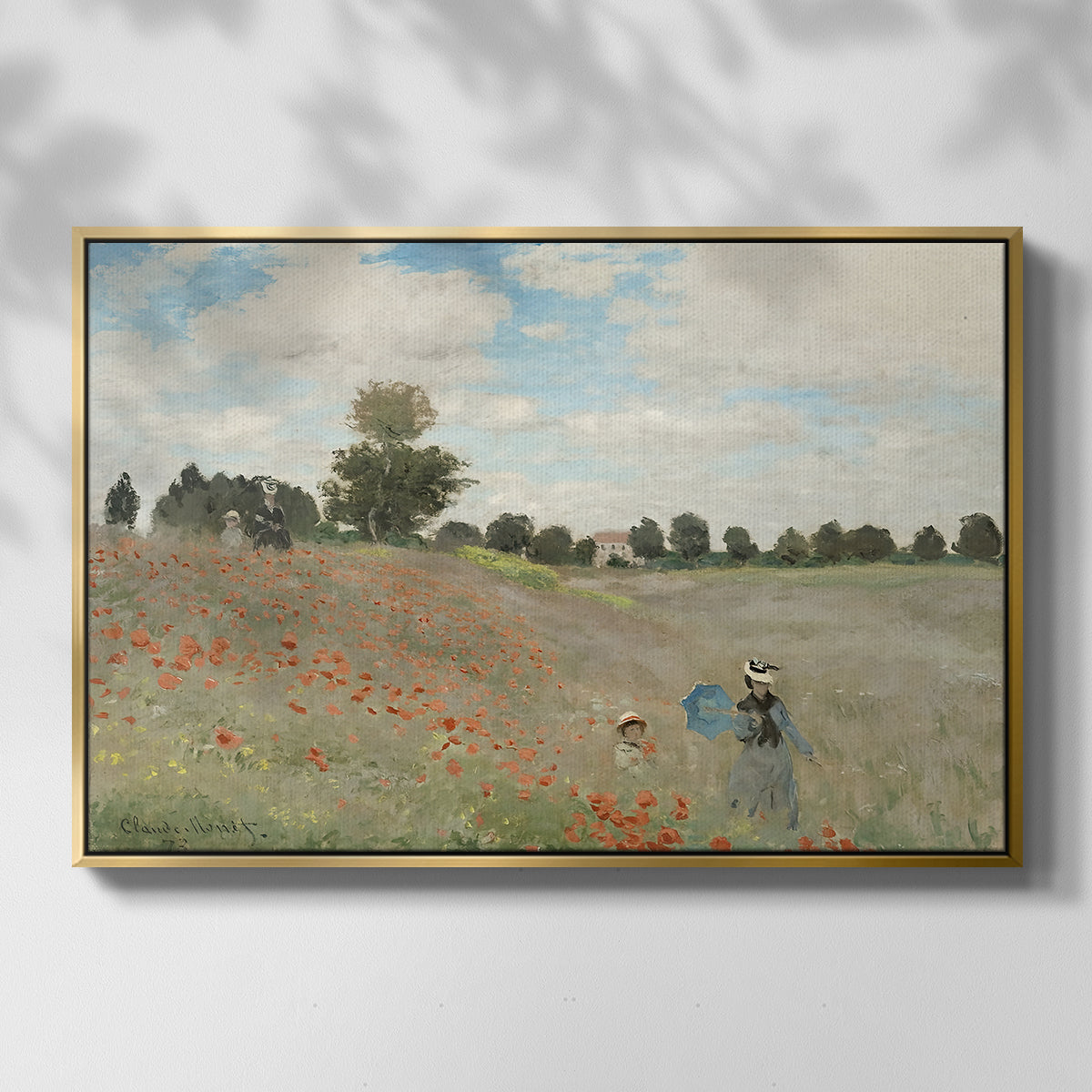 Front view of The Poppy Field near Argenteuil, 1873 by Claude Monet in a gold floater framed canvas.