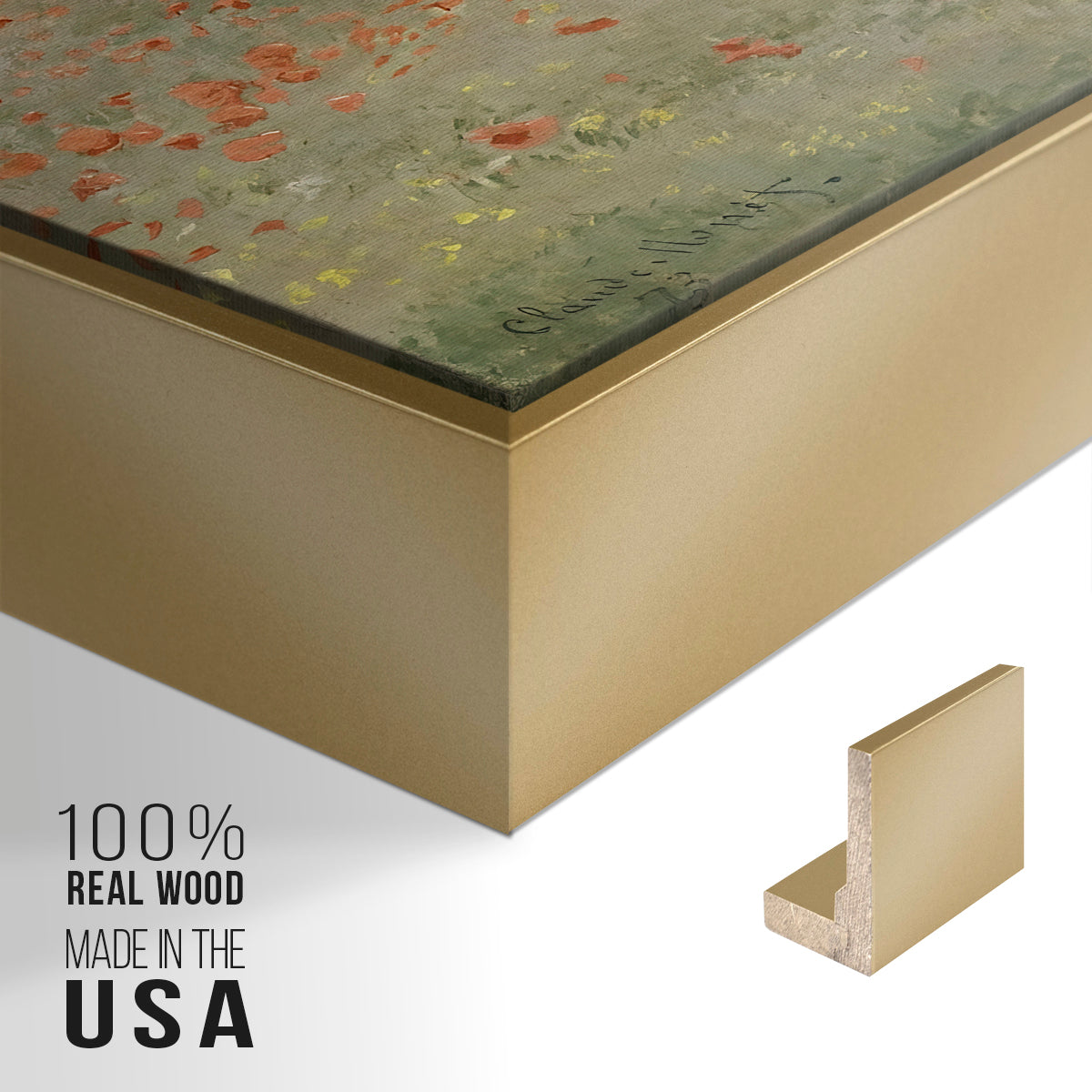Close-up of the gold floater frame corner and gallery wrapped canvas construction.