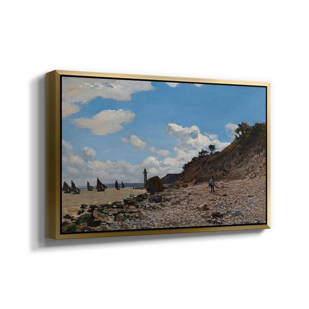 Angled view of The Beach at Honfleur, 1864 by Claude Monet in a gold floater framed canvas.