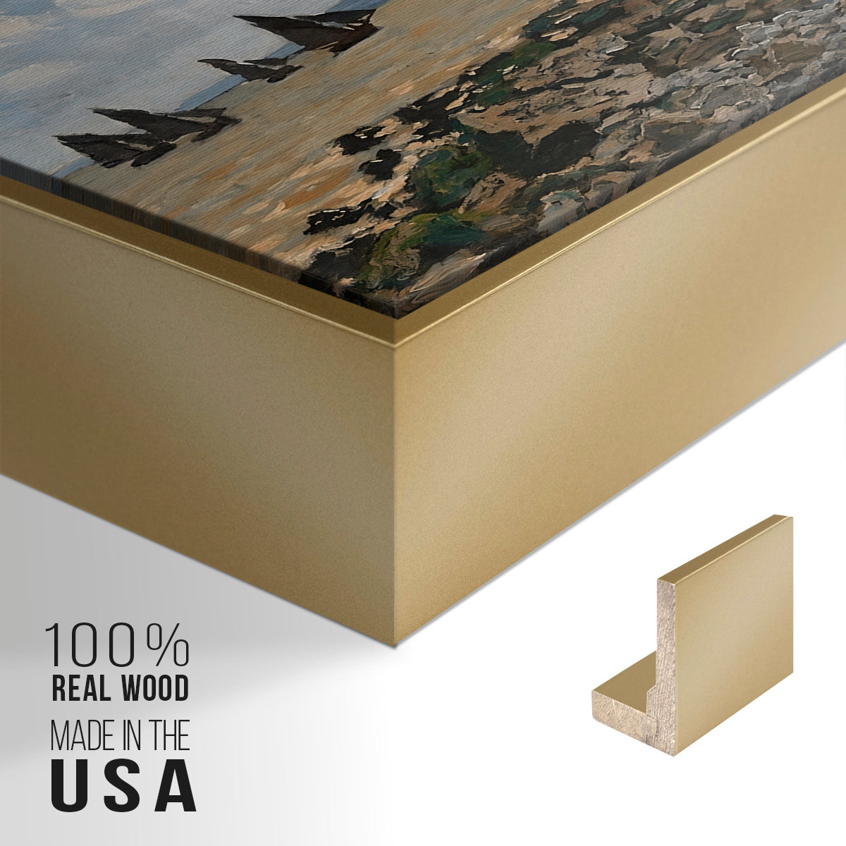 Close-up of the gold floater frame corner and gallery wrapped canvas construction.