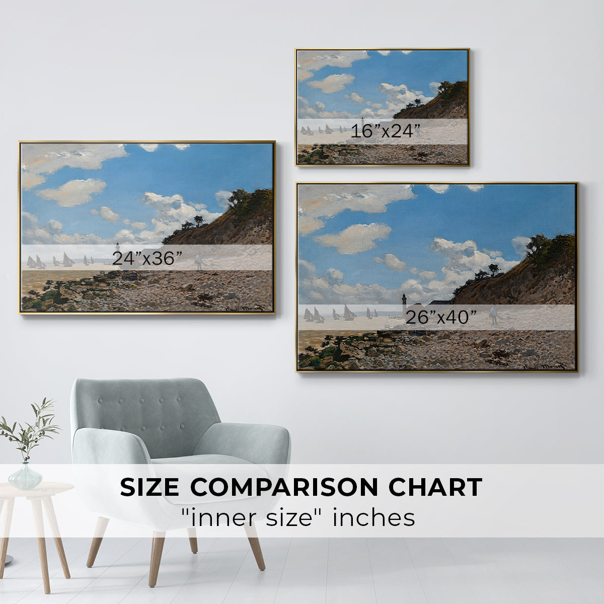 Size comparison chart for gold floater framed canvas featuring The Beach at Honfleur, 1864 by Claude Monet.