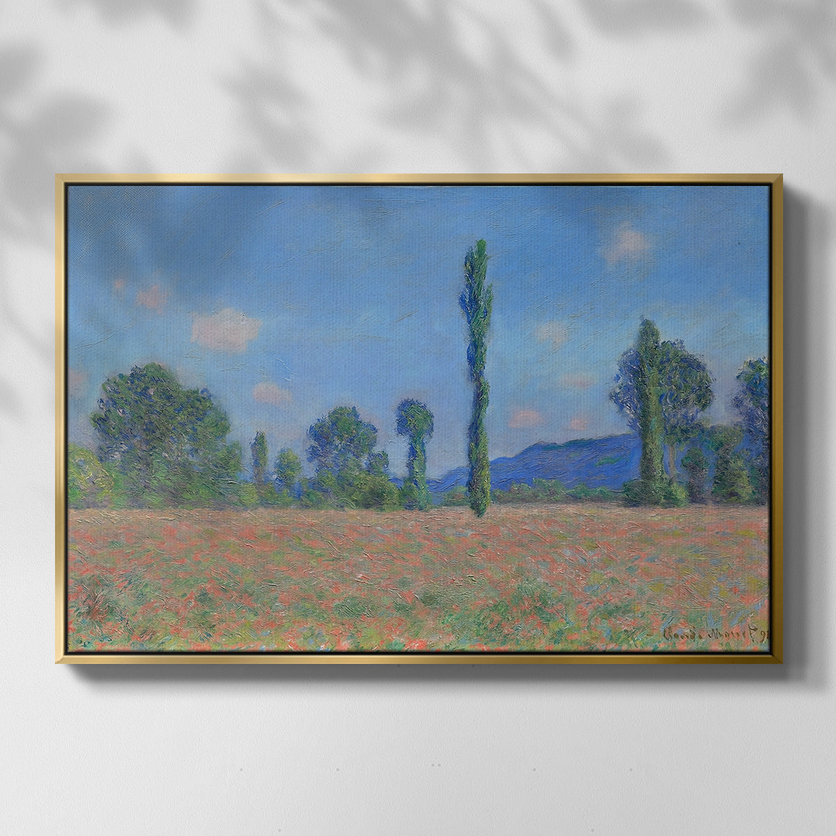 Front view of Poppy Field (Giverny), 1890-1891 by Claude Monet in a gold floater framed canvas.