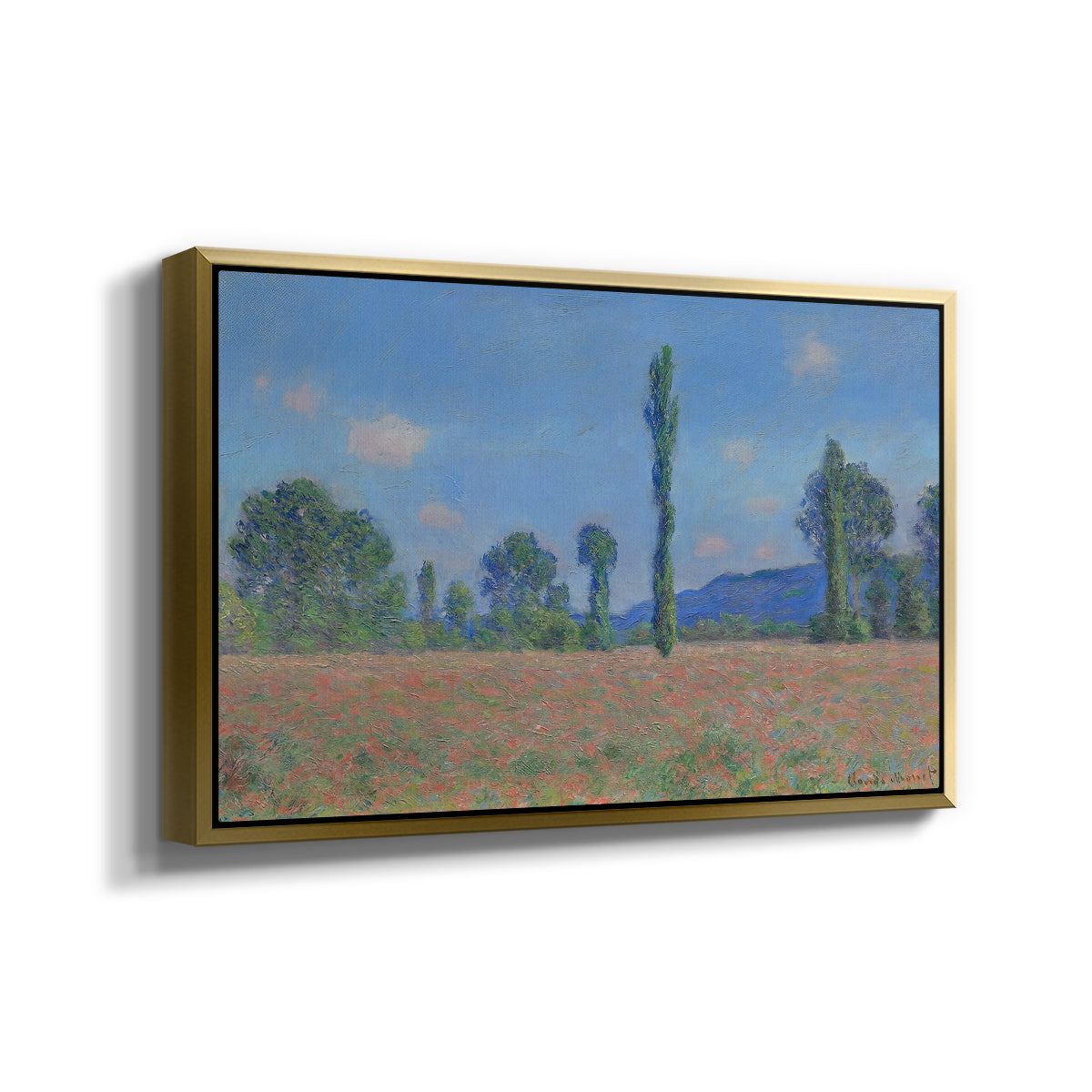 Angled view of Poppy Field (Giverny), 1890-1891 by Claude Monet in a gold floater framed canvas.