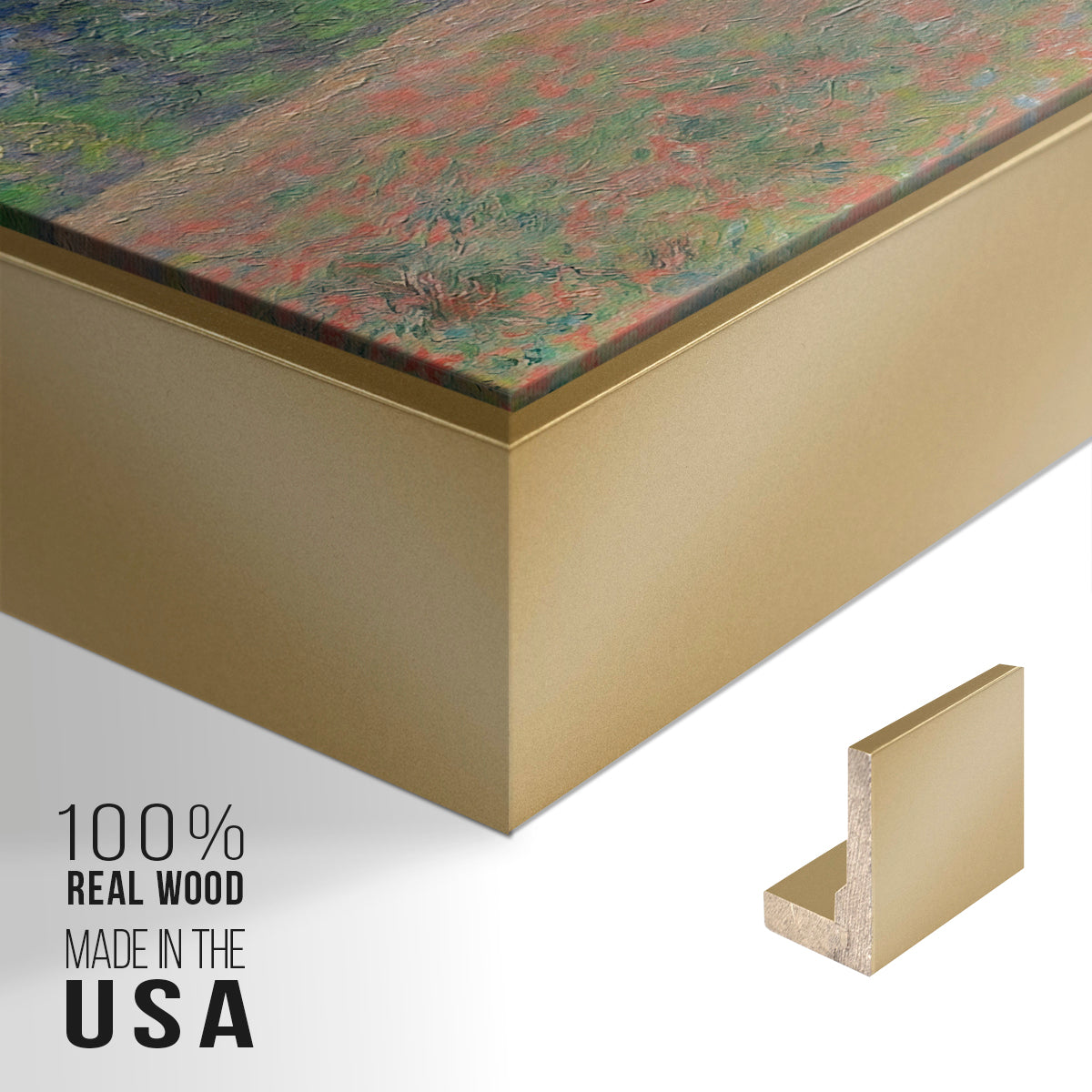 Close-up of the gold floater frame corner and gallery wrapped canvas construction.