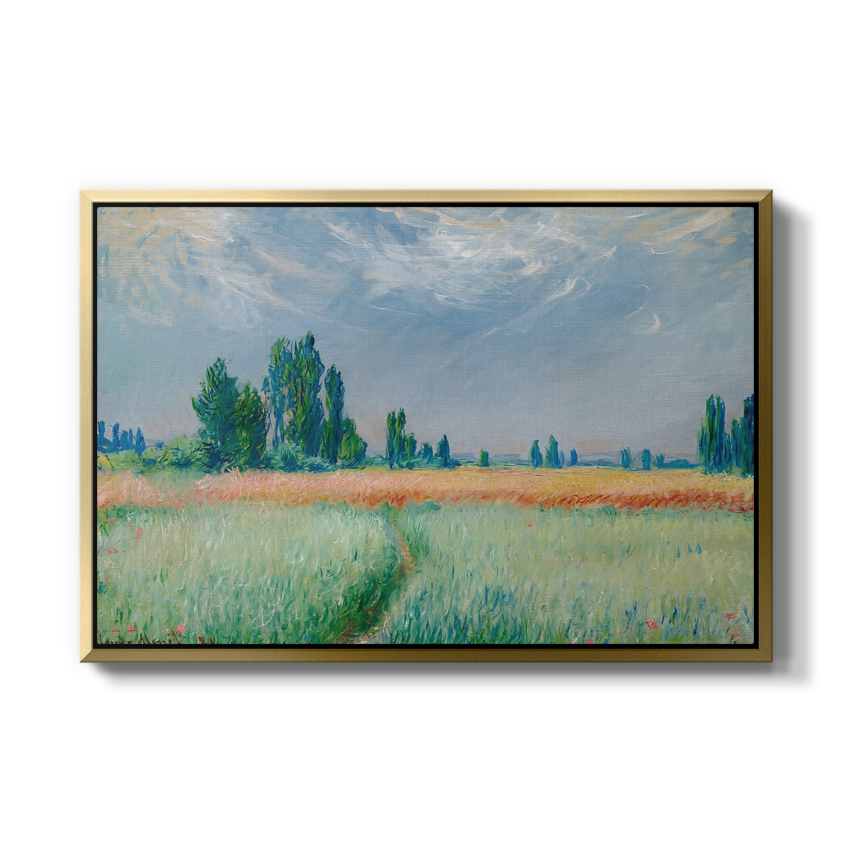 The Wheat Field (Champ de Blé), 1881 by Claude Monet in a gold floater framed canvas wall art display.