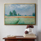 Gold floater framed canvas featuring The Wheat Field (Champ de Blé), 1881 by Claude Monet above an entryway table in a minimalist foyer.
