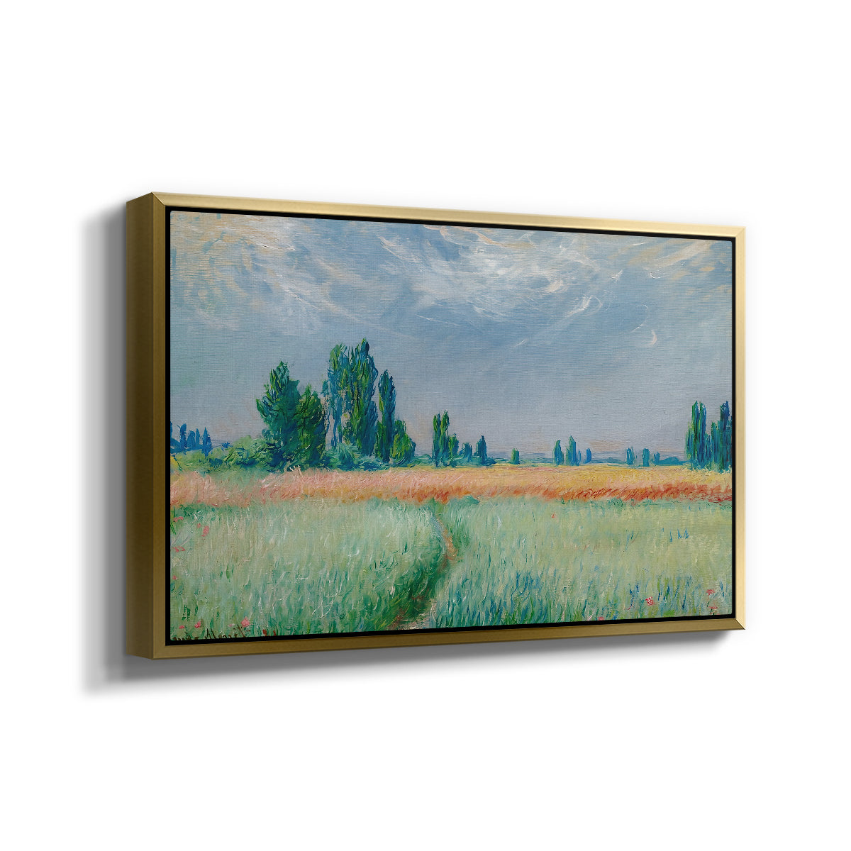 Angled view of The Wheat Field (Champ de Blé), 1881 by Claude Monet in a gold floater framed canvas.