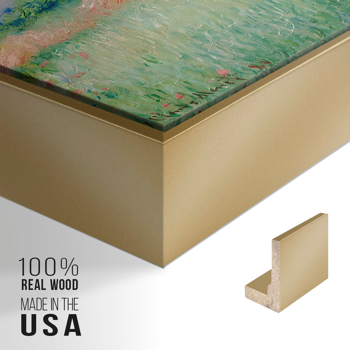 Close-up of the gold floater frame corner and gallery wrapped canvas construction.