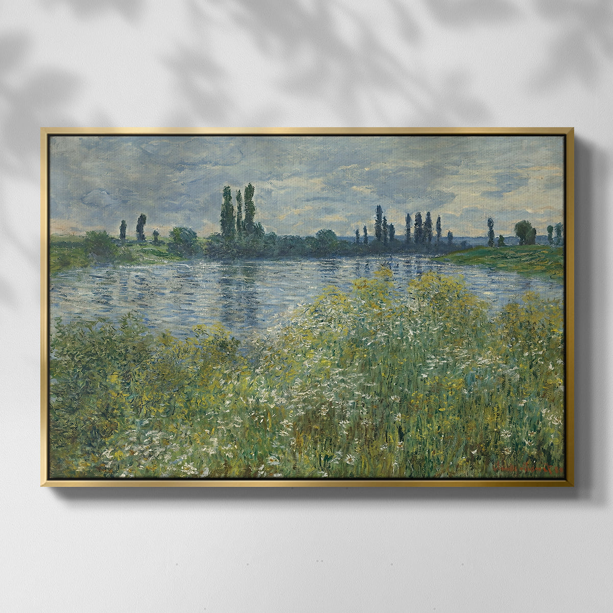Front view of Banks of the Seine, Vétheuil, 1880 by Claude Monet in a gold floater framed canvas.