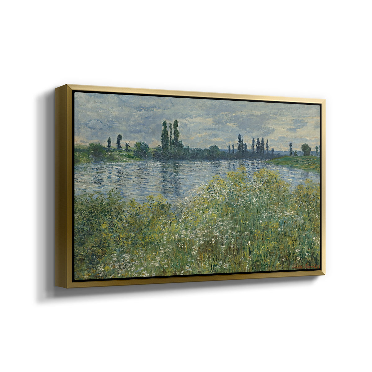 Angled view of Banks of the Seine, Vétheuil, 1880 by Claude Monet in a gold floater framed canvas.