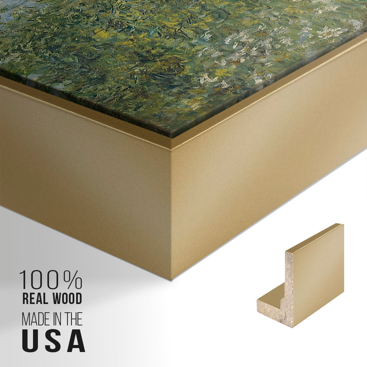 Close-up of the gold floater frame corner and gallery wrapped canvas construction.