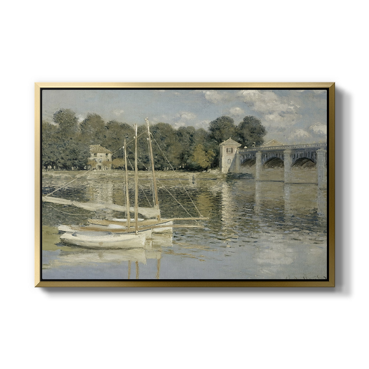 The Bridge at Argenteuil, 1874 by Claude Monet in a gold floater framed canvas wall art display.