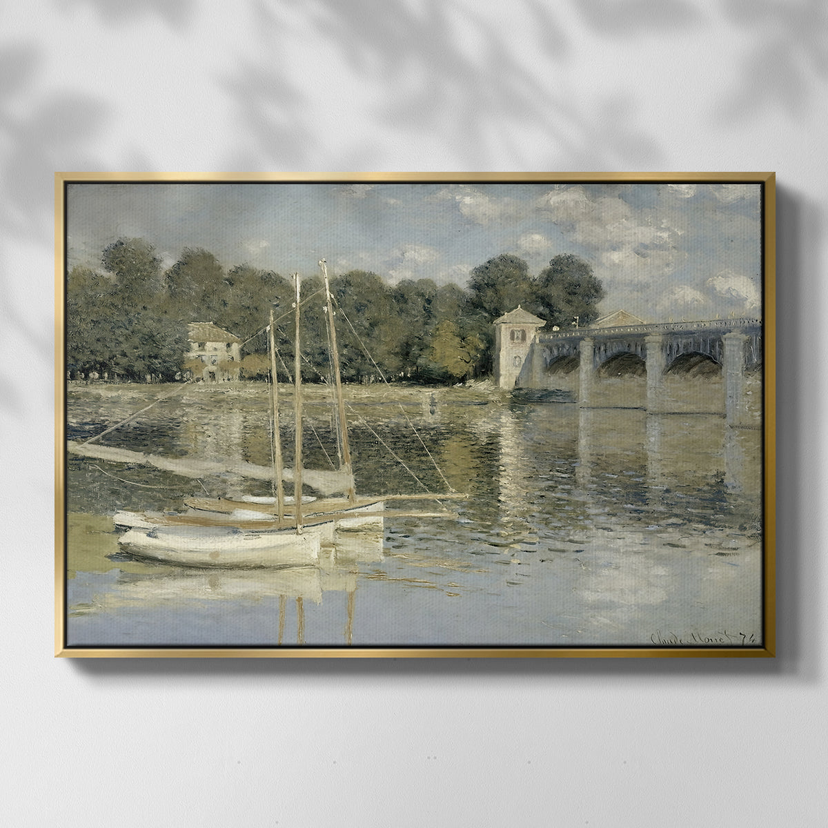Front view of The Bridge at Argenteuil, 1874 by Claude Monet in a gold floater framed canvas.