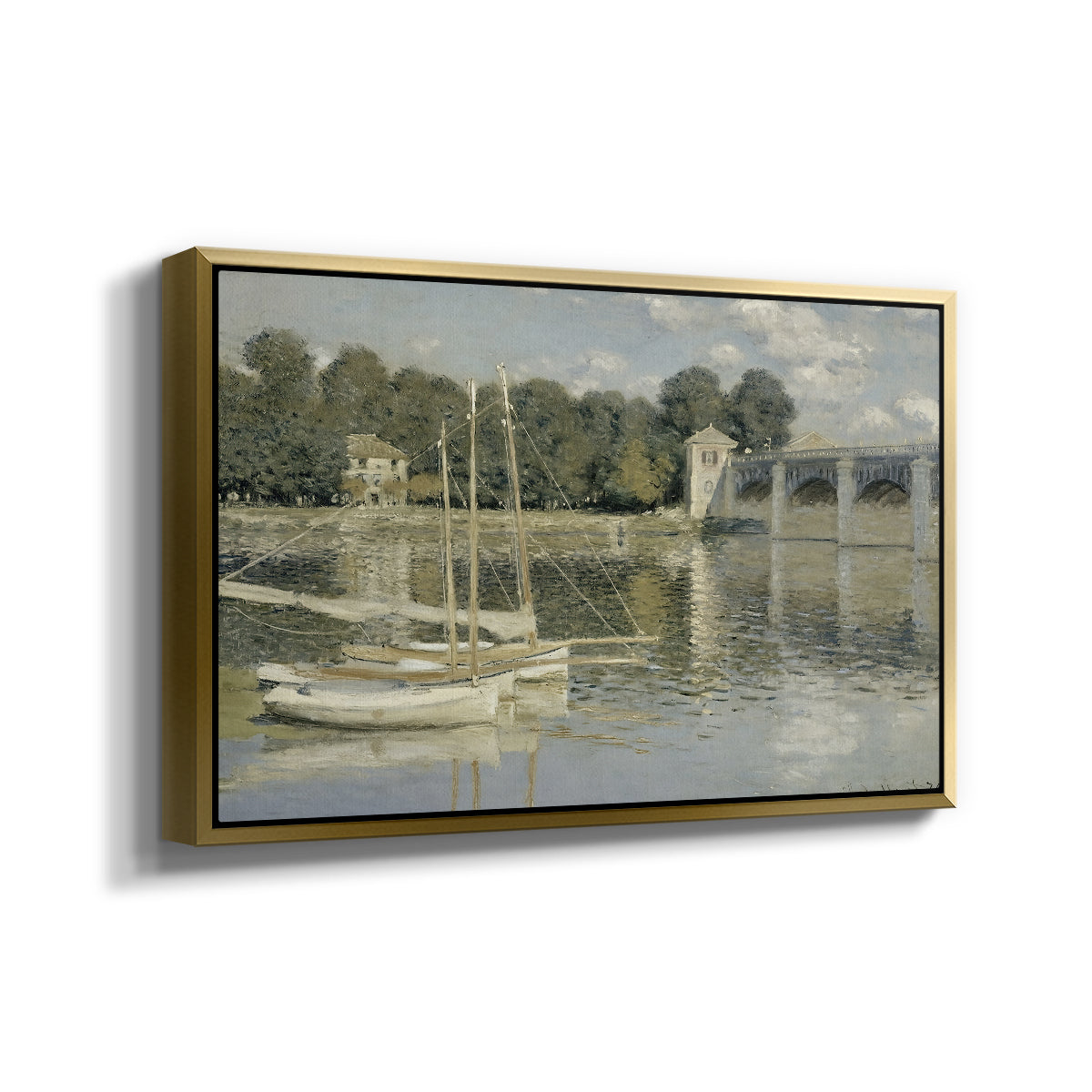 Angled view of The Bridge at Argenteuil, 1874 by Claude Monet in a gold floater framed canvas.