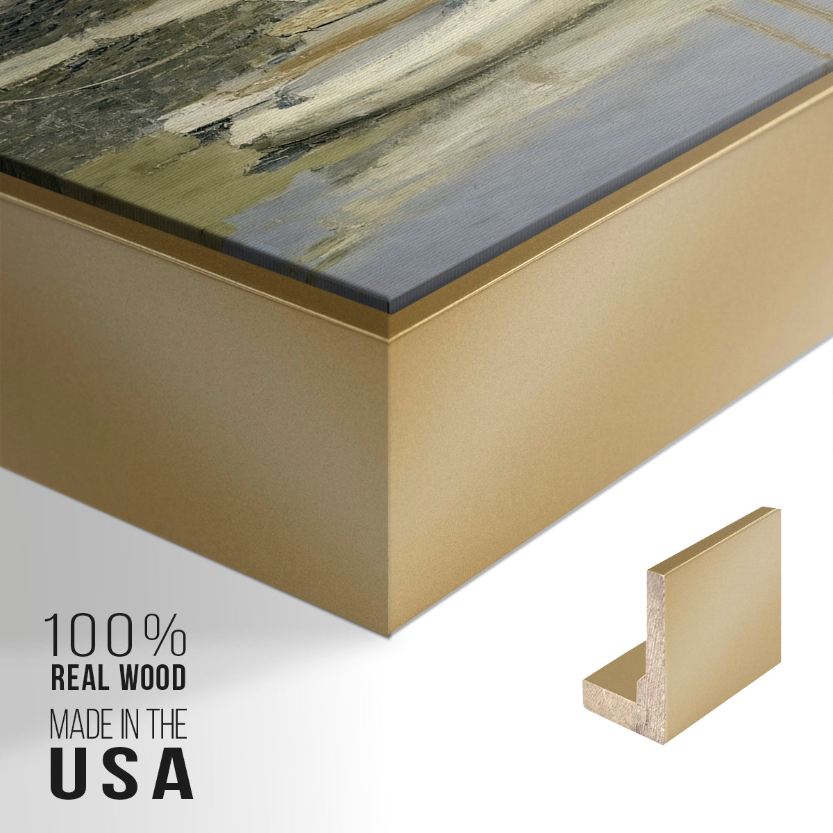 Close-up of the gold floater frame corner and gallery wrapped canvas construction.