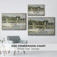 Size comparison chart for gold floater framed canvas featuring The Bridge at Argenteuil, 1874 by Claude Monet.