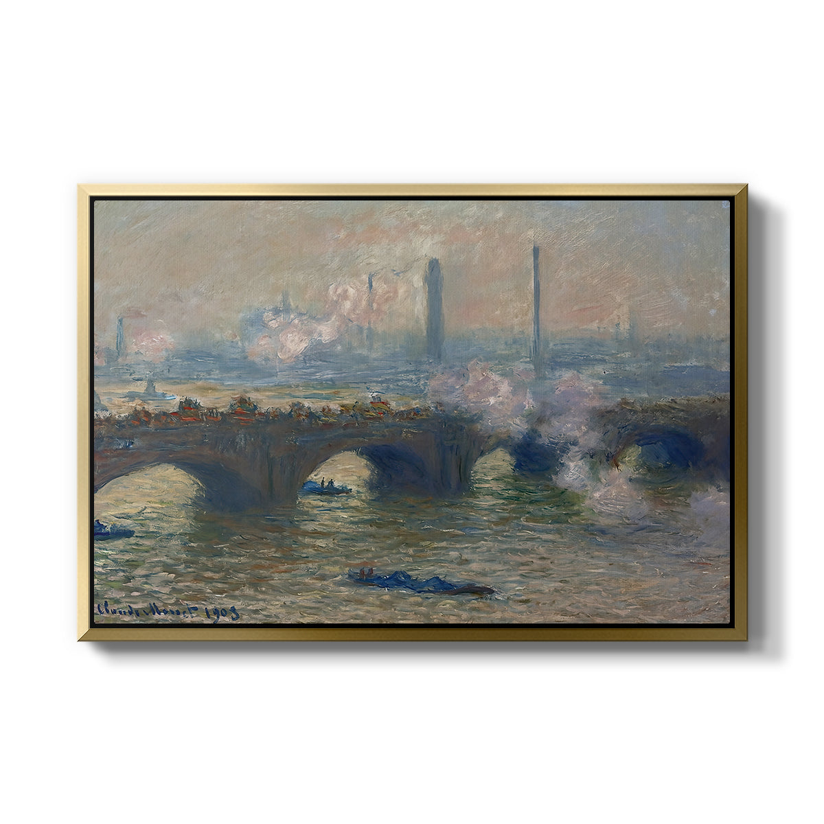 Waterloo Bridge, Gray Day, 1903 by Claude Monet in a gold floater framed canvas wall art display.