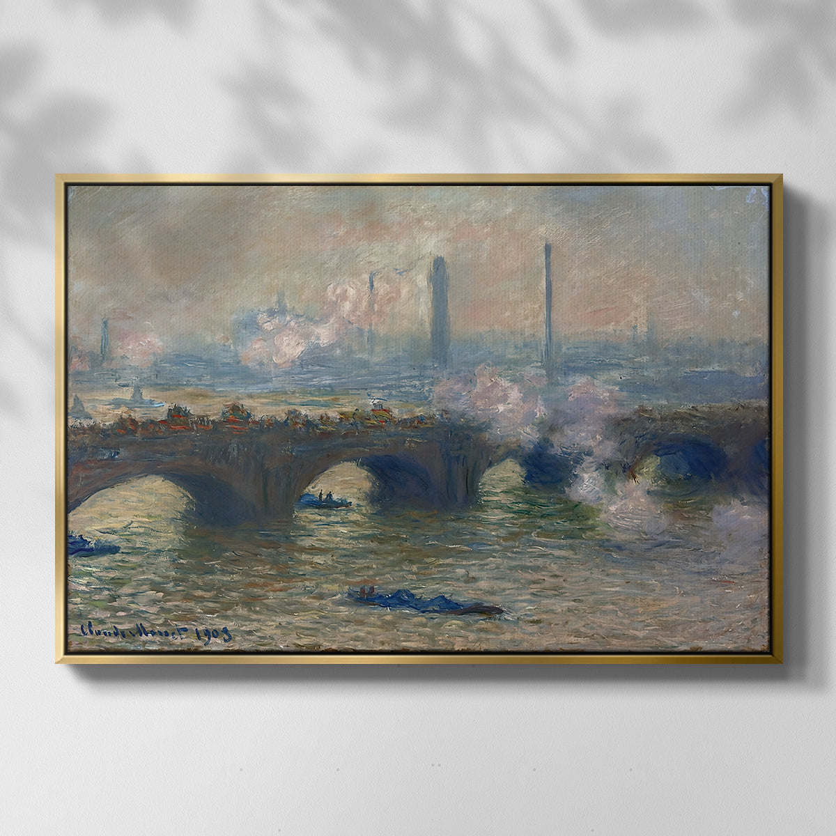 Front view of Waterloo Bridge, Gray Day, 1903 by Claude Monet in a gold floater framed canvas.