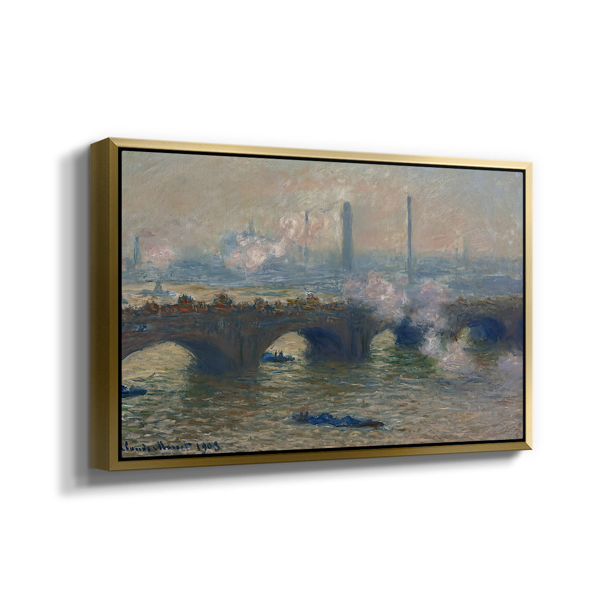 Angled view of Waterloo Bridge, Gray Day, 1903 by Claude Monet in a gold floater framed canvas.