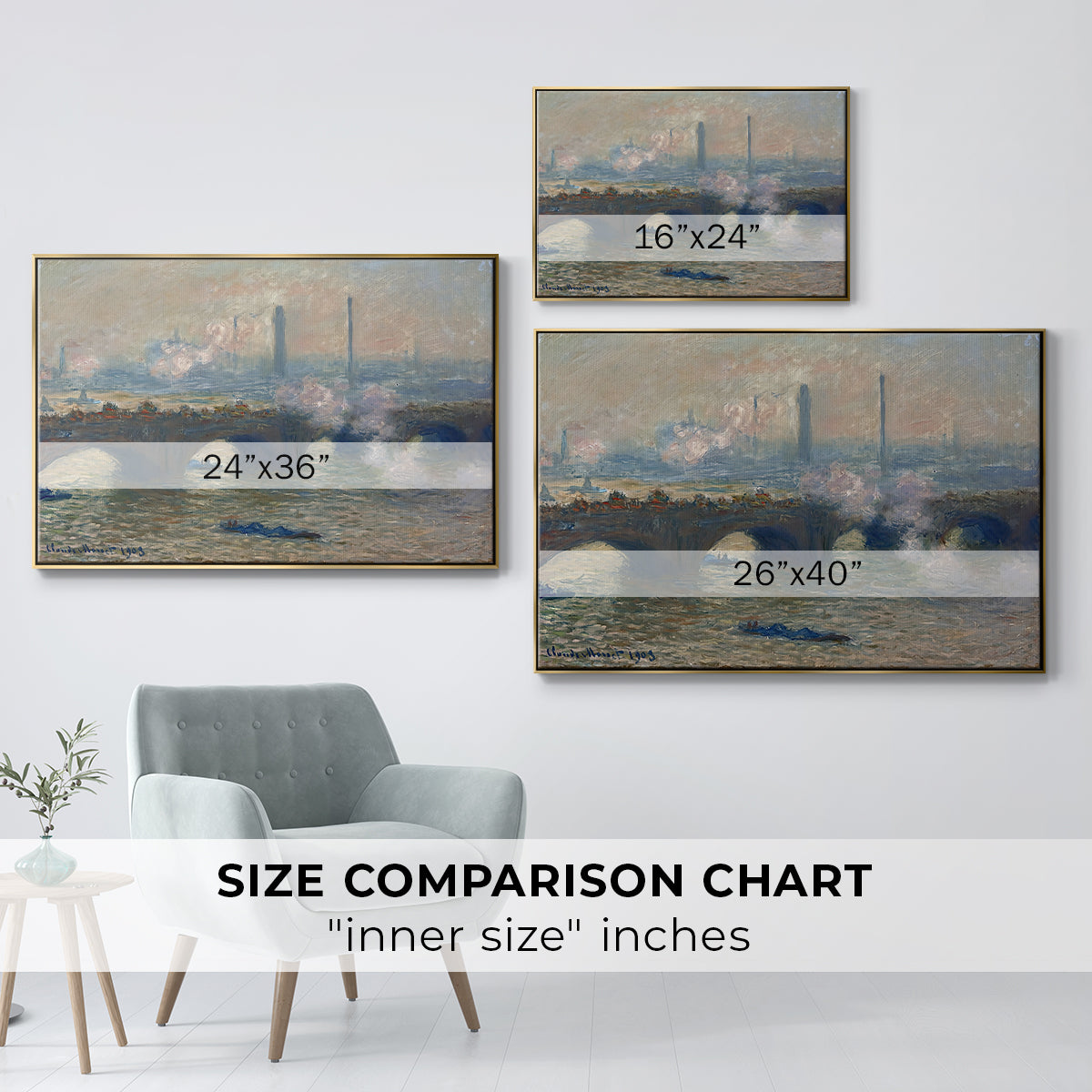 Size comparison chart for gold floater framed canvas featuring Waterloo Bridge, Gray Day, 1903 by Claude Monet.