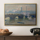 Waterloo Bridge, Gray Day, 1903 by Claude Monet in a gold floater framed canvas displayed above a console table in a hallway, featuring a foggy London bridge view with softened architectural forms.