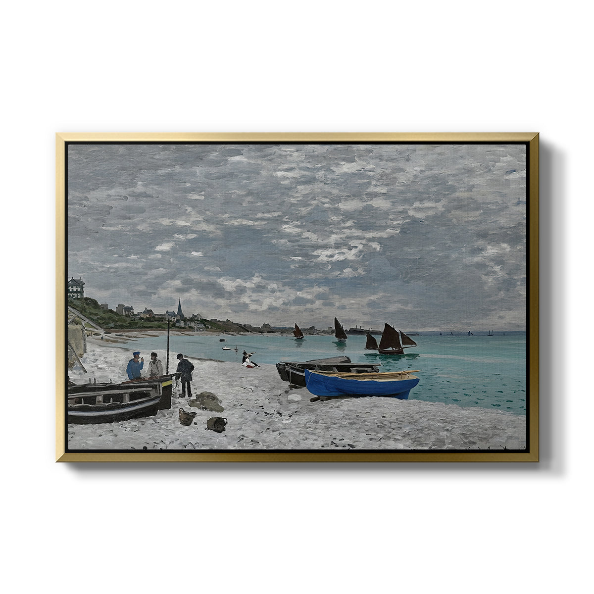 The Beach at Sainte-Adresse, 1867 by Claude Monet in a gold floater framed canvas wall art display.