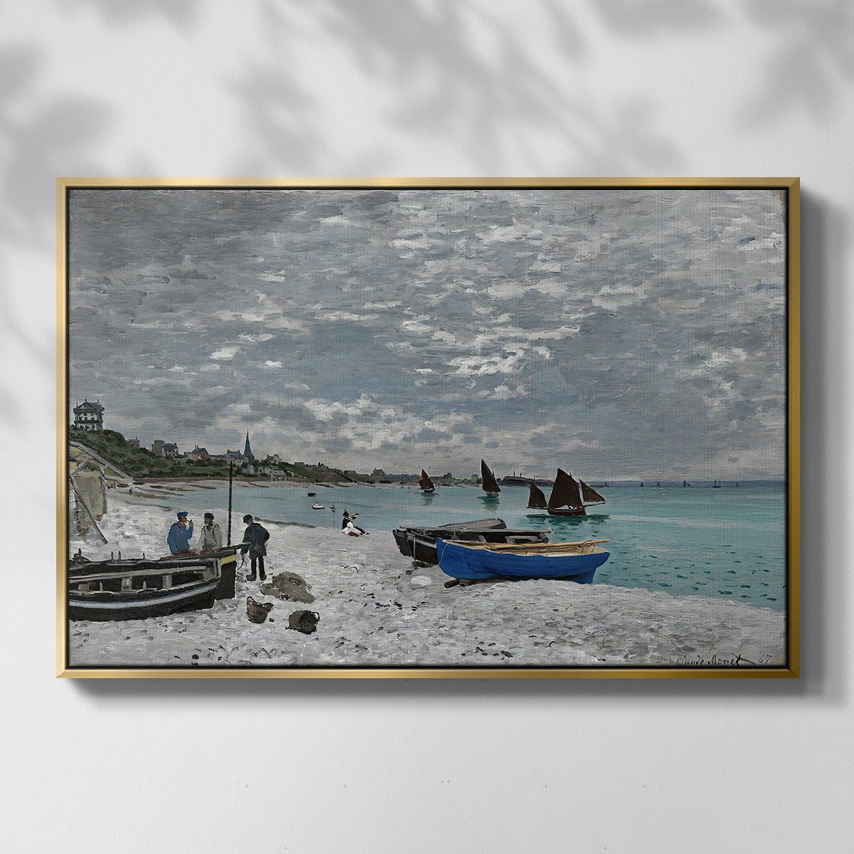 Front view of The Beach at Sainte-Adresse, 1867 by Claude Monet in a gold floater framed canvas.