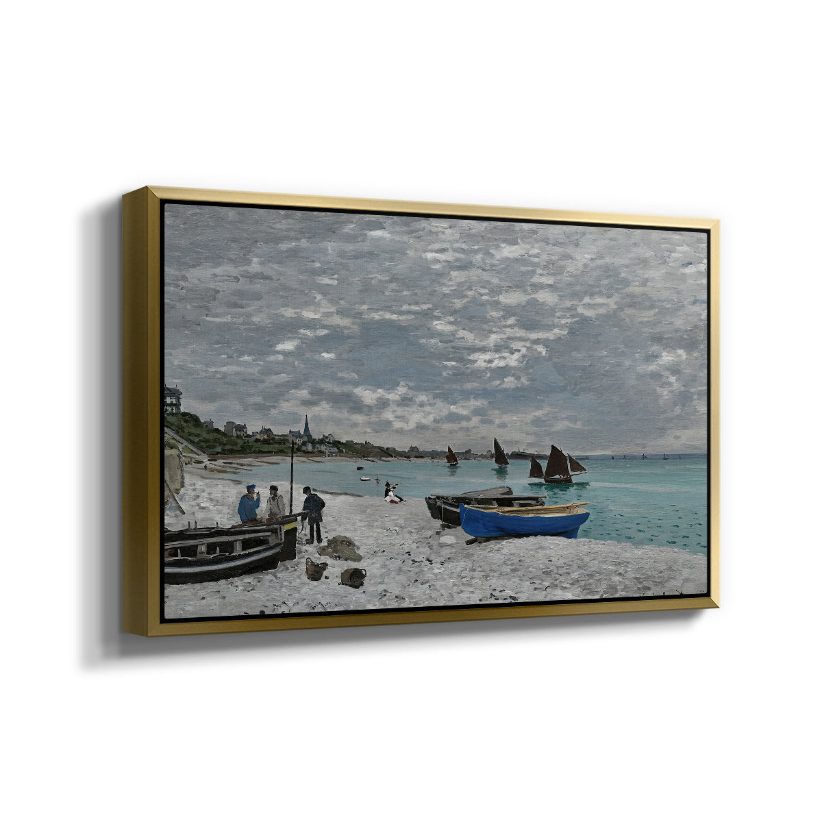 Angled view of The Beach at Sainte-Adresse, 1867 by Claude Monet in a gold floater framed canvas.