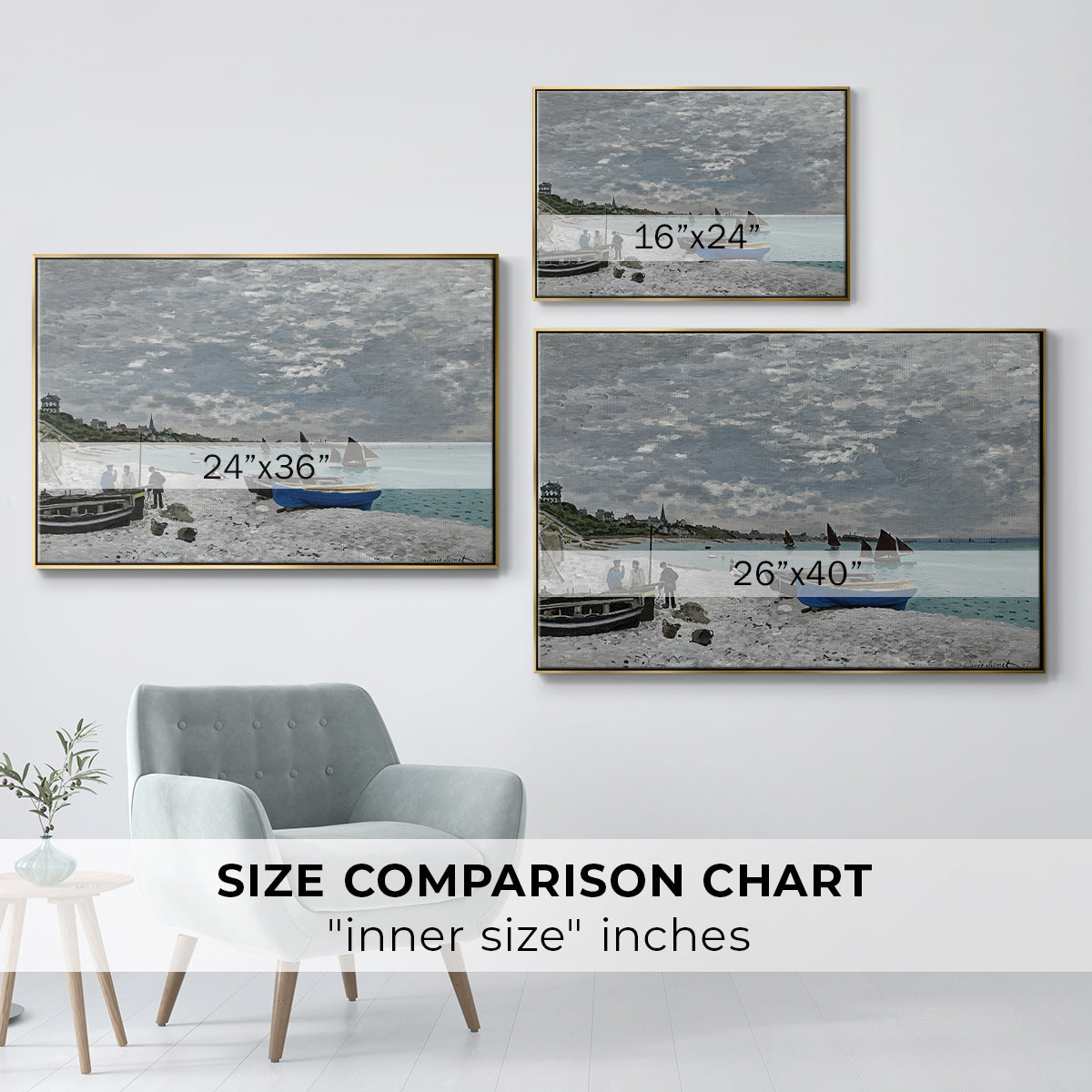 Size comparison chart for gold floater framed canvas featuring The Beach at Sainte-Adresse, 1867 by Claude Monet.