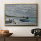 The Beach at Sainte-Adresse, 1867 by Claude Monet in a gold floater framed canvas displayed above a console table in a hallway, featuring an impressionist seaside gathering with flags and ocean view.