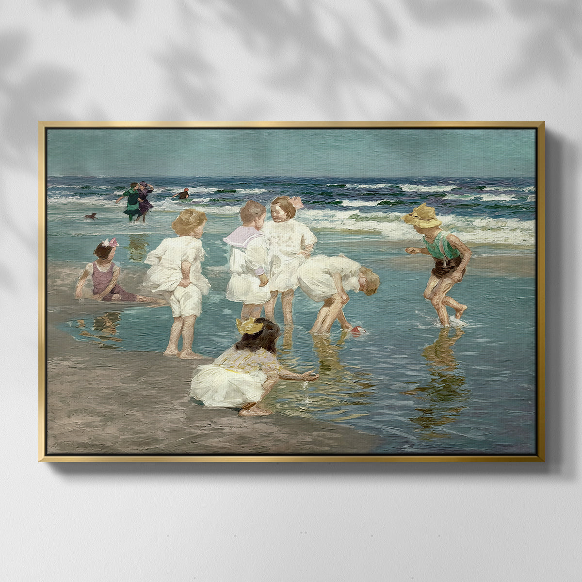 Front view of A Holiday, c. 1915 by Edward Henry Potthast in a gold floater framed canvas.
