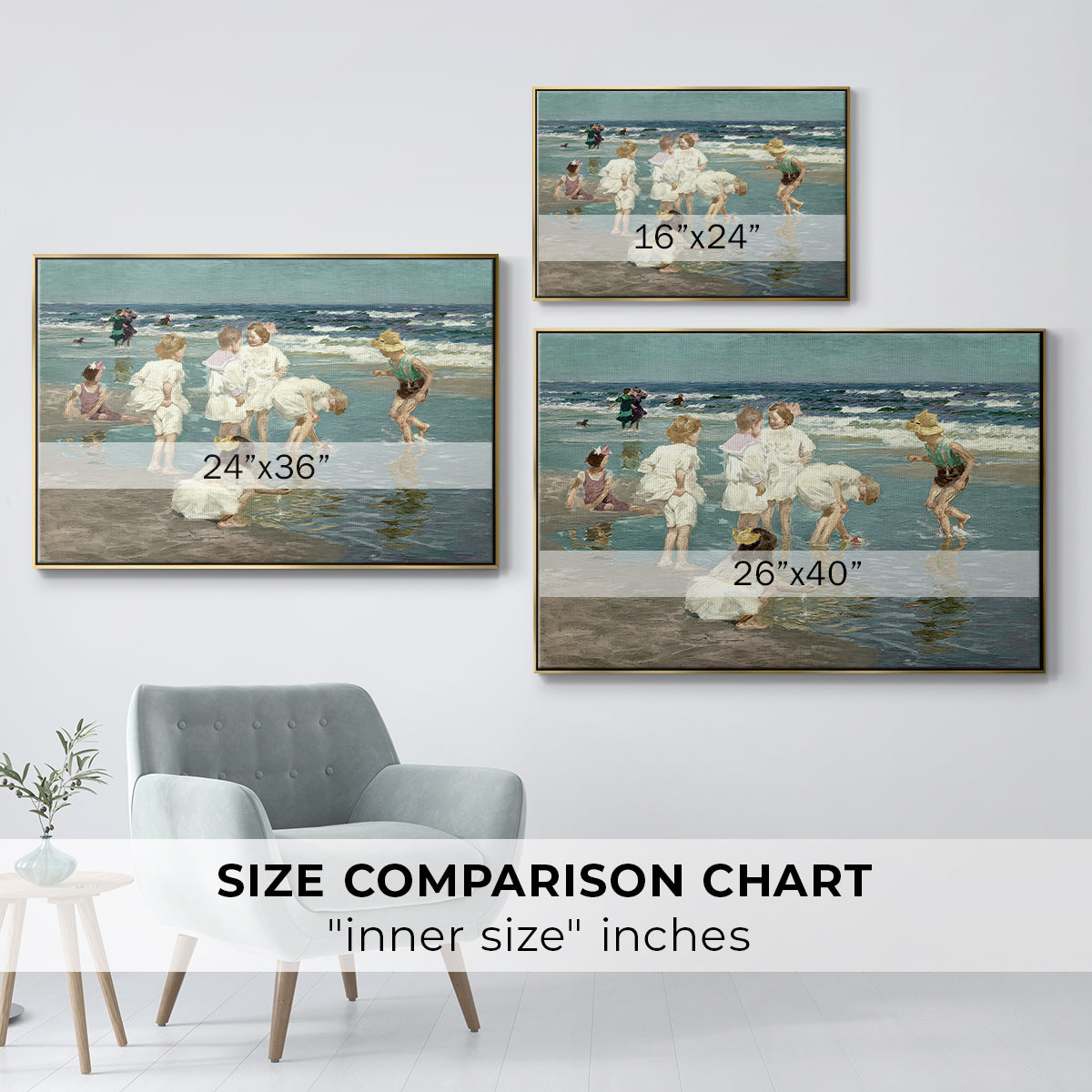 Size comparison chart for gold floater framed canvas featuring A Holiday, c. 1915 by Edward Henry Potthast.
