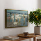 A Holiday, c. 1915 by Edward Henry Potthast, presented in a gold floater framed canvas featuring people relaxing and wading in shallow ocean water along a sunny beach, displayed above a hallway console table.
