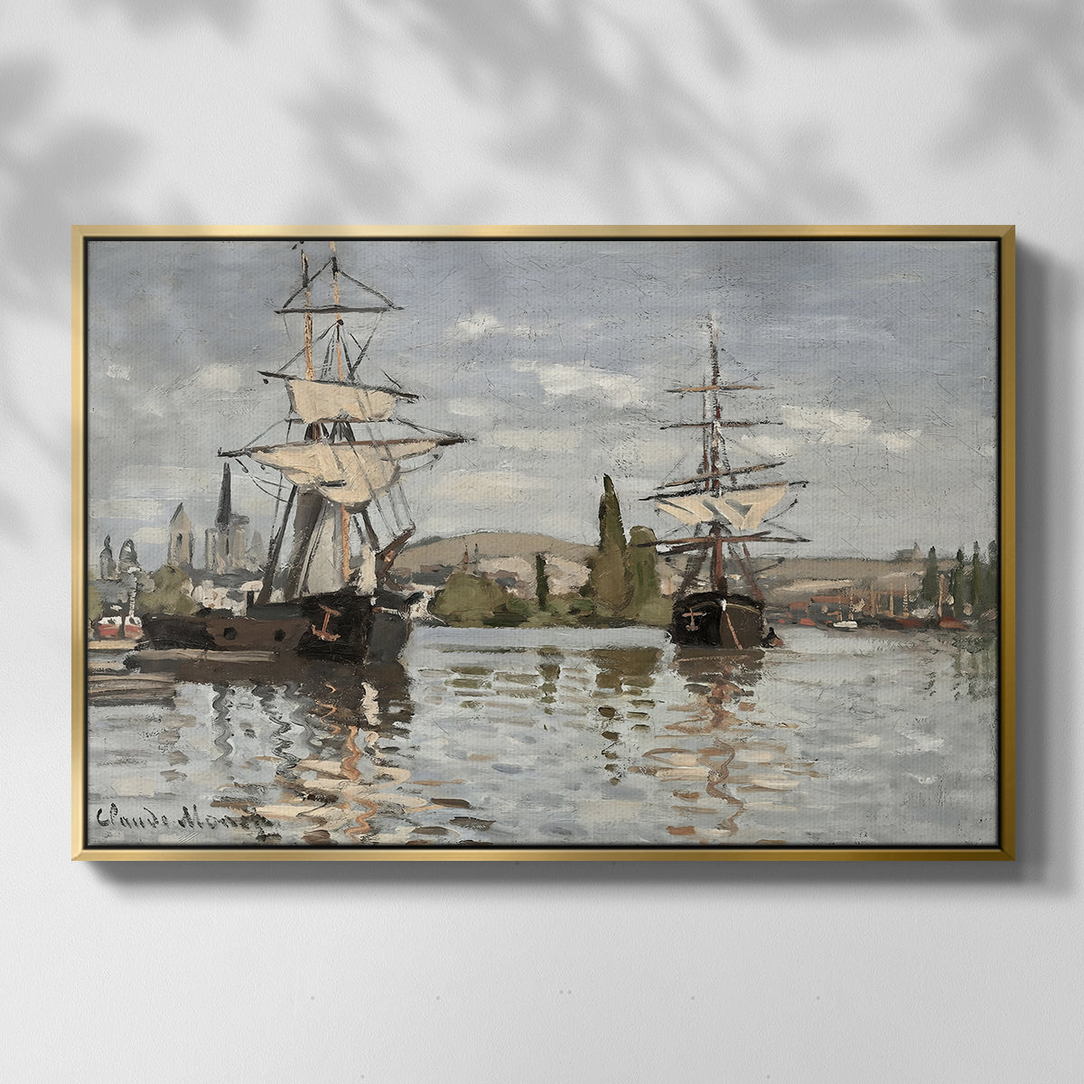 Front view of Ships Riding on the Seine at Rouen, 1872 by Claude Monet in a gold floater framed canvas.