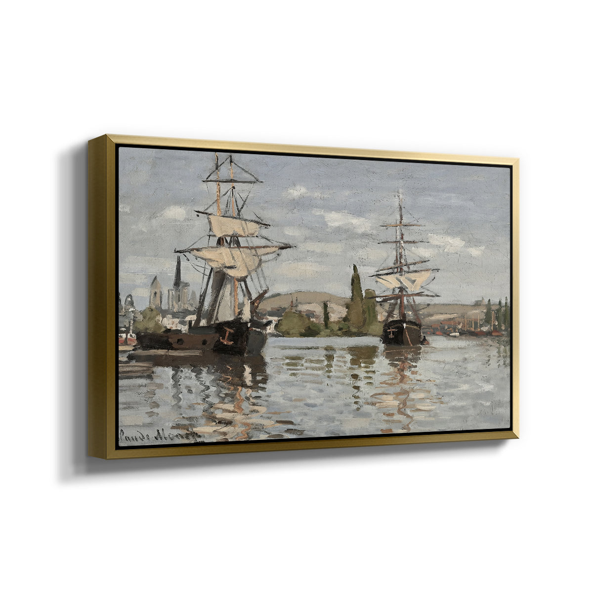 Angled view of Ships Riding on the Seine at Rouen, 1872 by Claude Monet in a gold floater framed canvas.