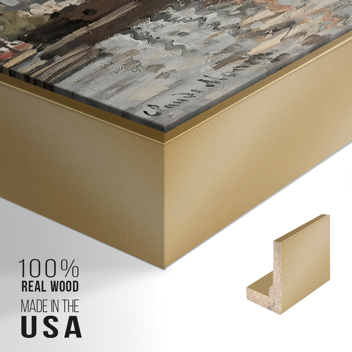 Close-up of the gold floater frame corner and gallery wrapped canvas construction.