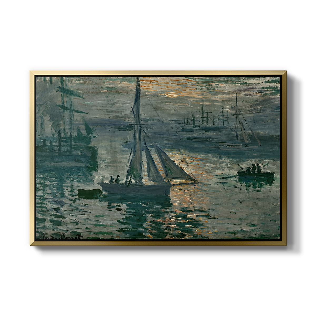 Sunrise (Marine), 1873 by Claude Monet in a gold floater framed canvas wall art display.