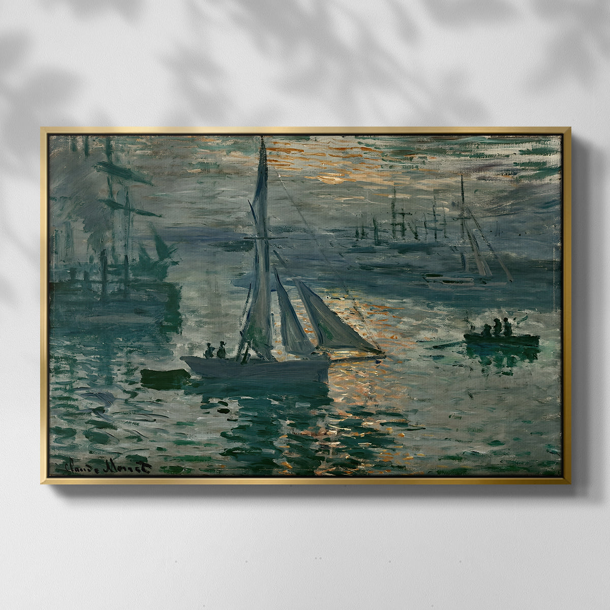 Front view of Sunrise (Marine), 1873 by Claude Monet in a gold floater framed canvas.
