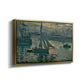 Angled view of Sunrise (Marine), 1873 by Claude Monet in a gold floater framed canvas.