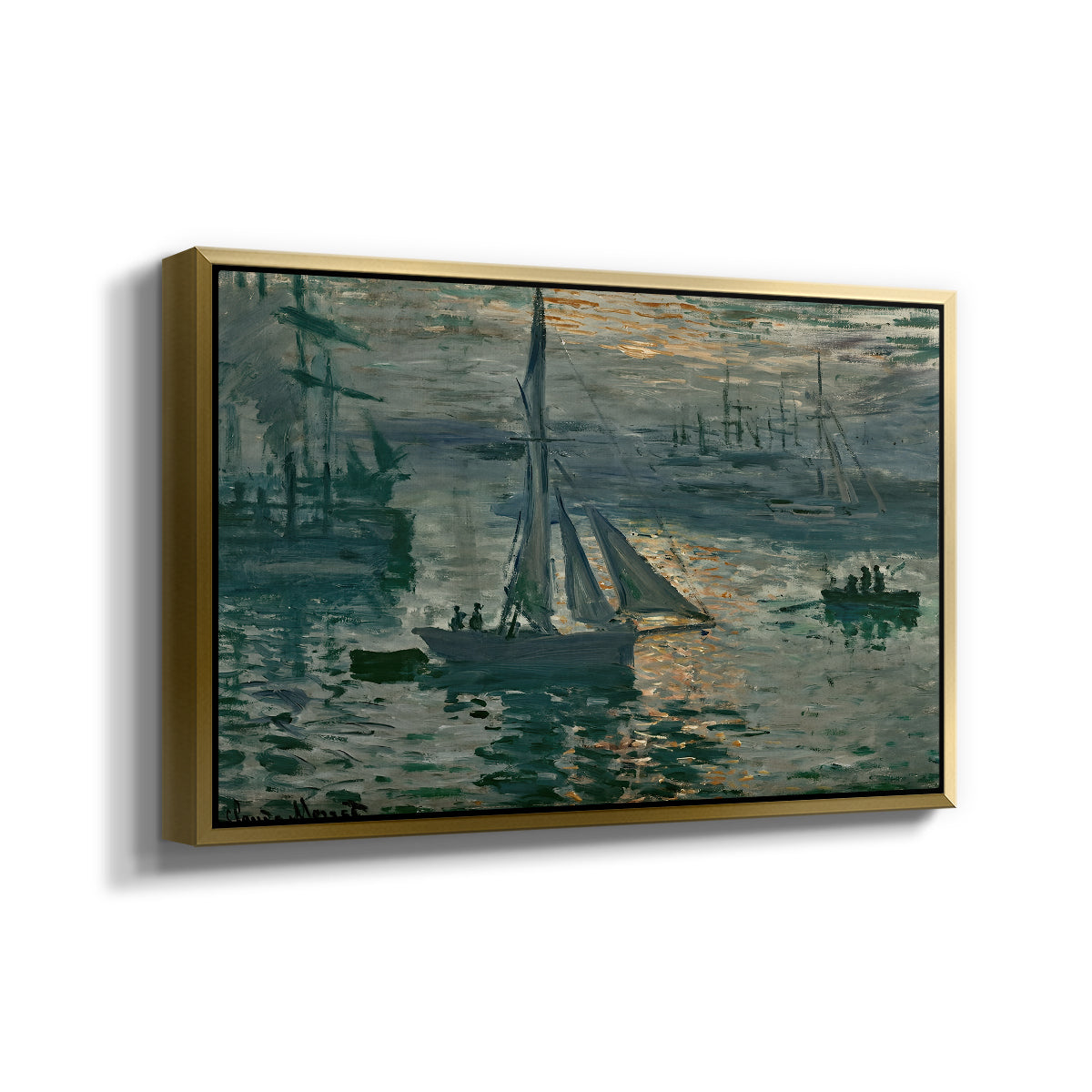 Angled view of Sunrise (Marine), 1873 by Claude Monet in a gold floater framed canvas.