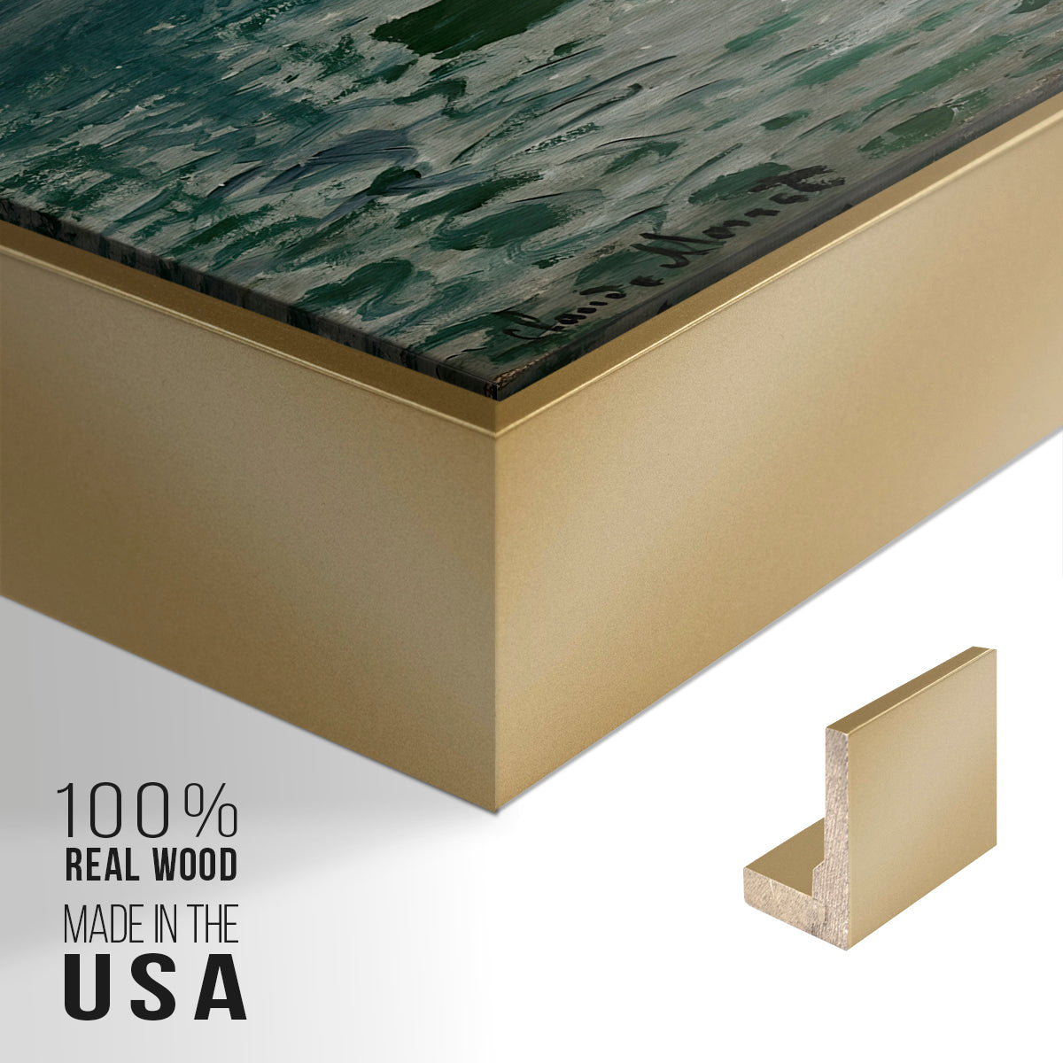 Close-up of the gold floater frame corner and gallery wrapped canvas construction.