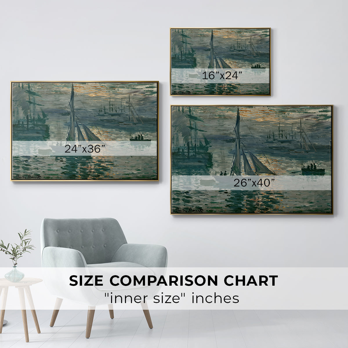 Size comparison chart for gold floater framed canvas featuring Sunrise (Marine), 1873 by Claude Monet.