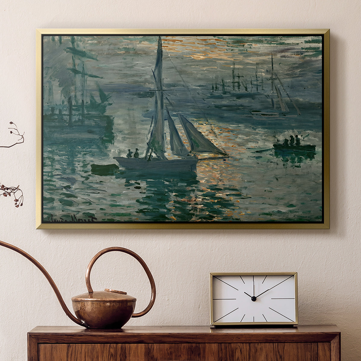 Gold floater framed canvas featuring an early morning harbor scene with boats and diffused light, displayed above a cabinet in a soft-toned living room.