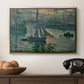 Sunrise (Marine), 1873 by Claude Monet in a gold floater framed canvas displayed above a console table in a hallway, featuring an atmospheric ocean view with sun rising through haze.